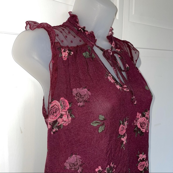 Burgundy Floral Lace Mesh Tie Neck Sleeveless - Picture 3 of 11